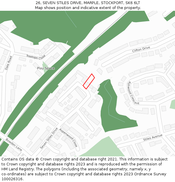 26, SEVEN STILES DRIVE, MARPLE, STOCKPORT, SK6 6LT: Location map and indicative extent of plot