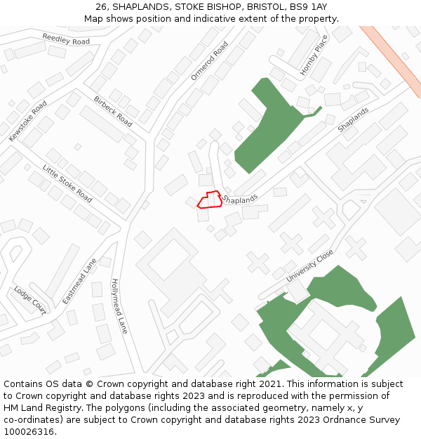 26, SHAPLANDS, STOKE BISHOP, BRISTOL, BS9 1AY: Location map and indicative extent of plot