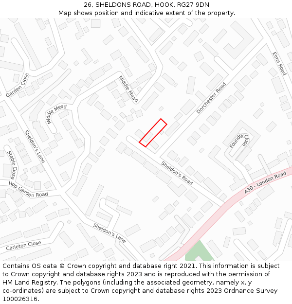 26, SHELDONS ROAD, HOOK, RG27 9DN: Location map and indicative extent of plot