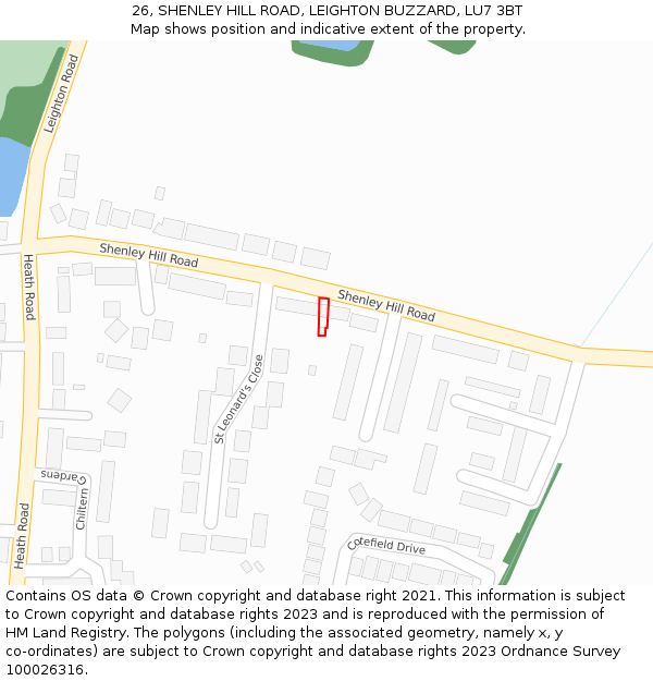 26, SHENLEY HILL ROAD, LEIGHTON BUZZARD, LU7 3BT: Location map and indicative extent of plot