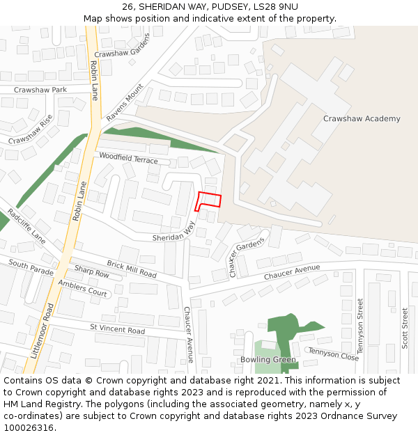 26, SHERIDAN WAY, PUDSEY, LS28 9NU: Location map and indicative extent of plot