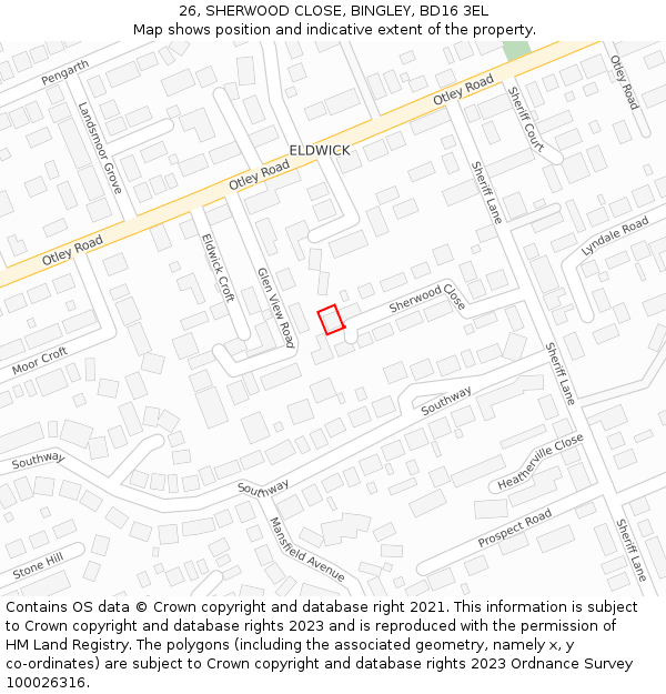 26, SHERWOOD CLOSE, BINGLEY, BD16 3EL: Location map and indicative extent of plot