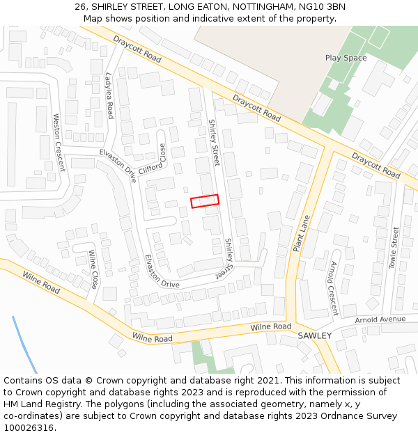 26, SHIRLEY STREET, LONG EATON, NOTTINGHAM, NG10 3BN: Location map and indicative extent of plot