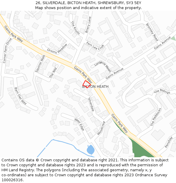 26, SILVERDALE, BICTON HEATH, SHREWSBURY, SY3 5EY: Location map and indicative extent of plot