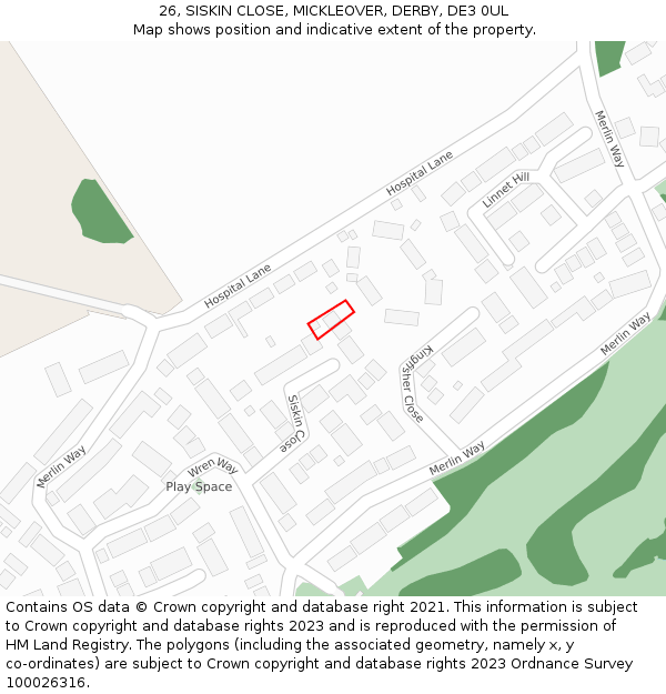 26, SISKIN CLOSE, MICKLEOVER, DERBY, DE3 0UL: Location map and indicative extent of plot