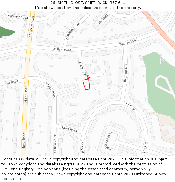 26, SMITH CLOSE, SMETHWICK, B67 6LU: Location map and indicative extent of plot