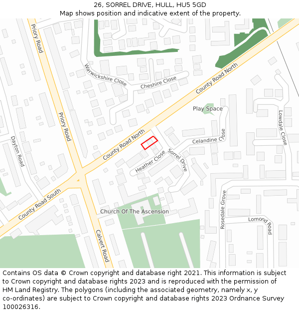 26, SORREL DRIVE, HULL, HU5 5GD: Location map and indicative extent of plot