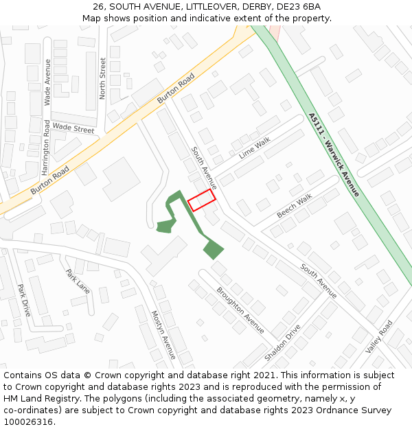 26, SOUTH AVENUE, LITTLEOVER, DERBY, DE23 6BA: Location map and indicative extent of plot