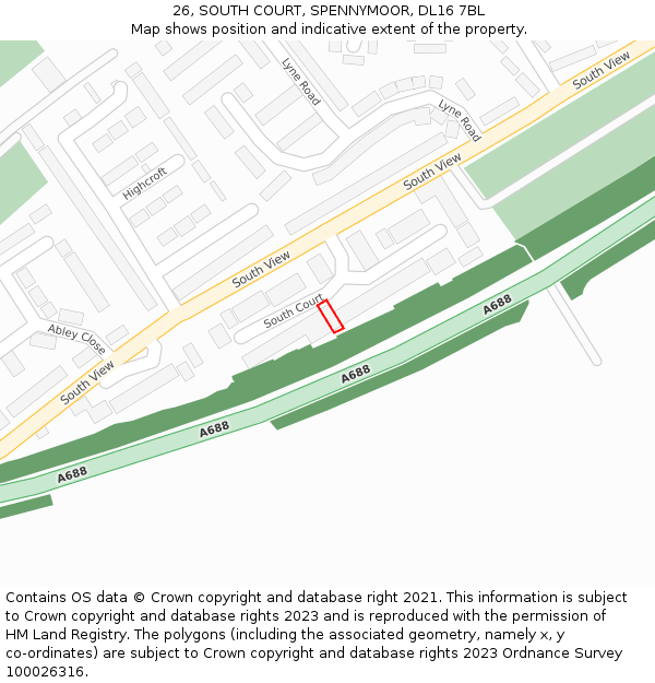 26, SOUTH COURT, SPENNYMOOR, DL16 7BL: Location map and indicative extent of plot