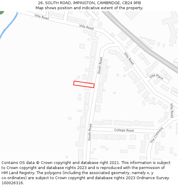 26, SOUTH ROAD, IMPINGTON, CAMBRIDGE, CB24 9PB: Location map and indicative extent of plot