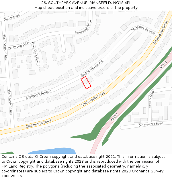 26, SOUTHPARK AVENUE, MANSFIELD, NG18 4PL: Location map and indicative extent of plot