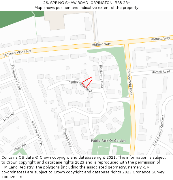 26, SPRING SHAW ROAD, ORPINGTON, BR5 2RH: Location map and indicative extent of plot