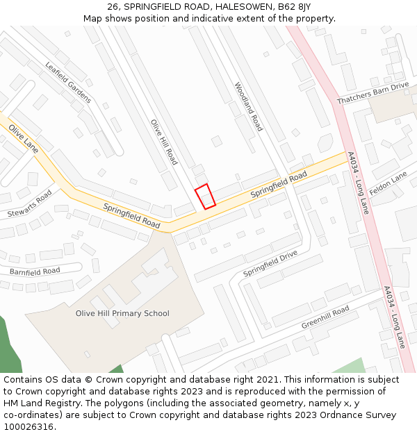 26, SPRINGFIELD ROAD, HALESOWEN, B62 8JY: Location map and indicative extent of plot