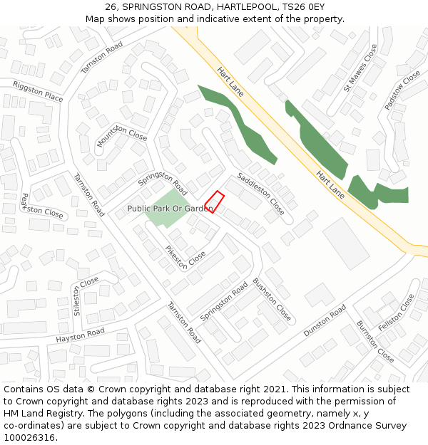 26, SPRINGSTON ROAD, HARTLEPOOL, TS26 0EY: Location map and indicative extent of plot