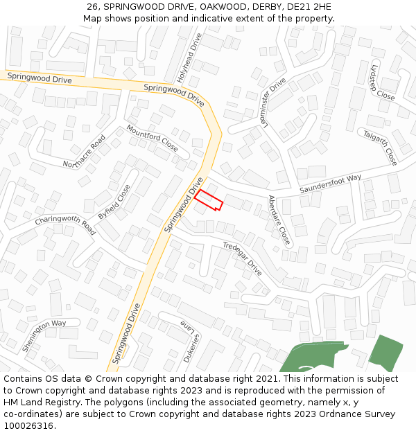 26, SPRINGWOOD DRIVE, OAKWOOD, DERBY, DE21 2HE: Location map and indicative extent of plot