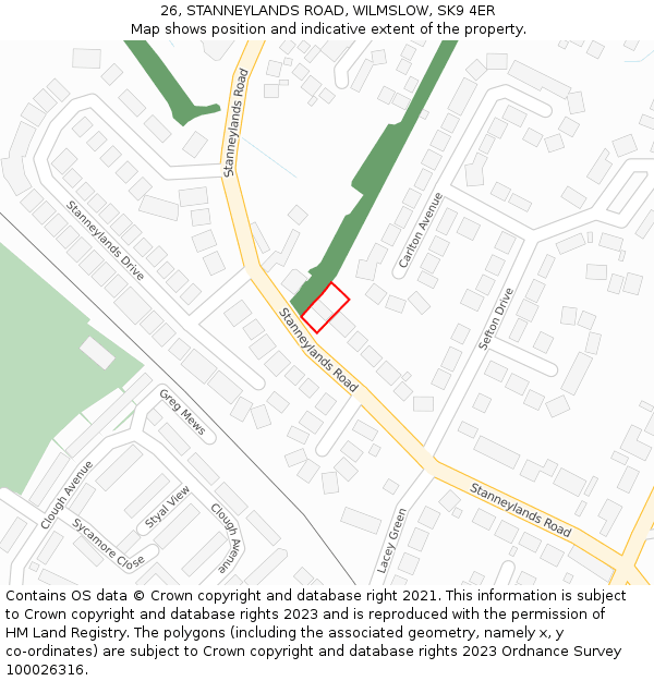 26, STANNEYLANDS ROAD, WILMSLOW, SK9 4ER: Location map and indicative extent of plot