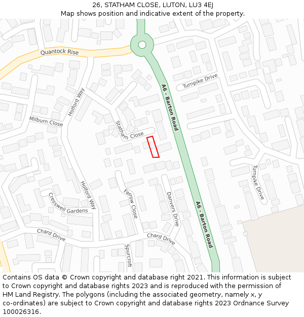 26, STATHAM CLOSE, LUTON, LU3 4EJ: Location map and indicative extent of plot