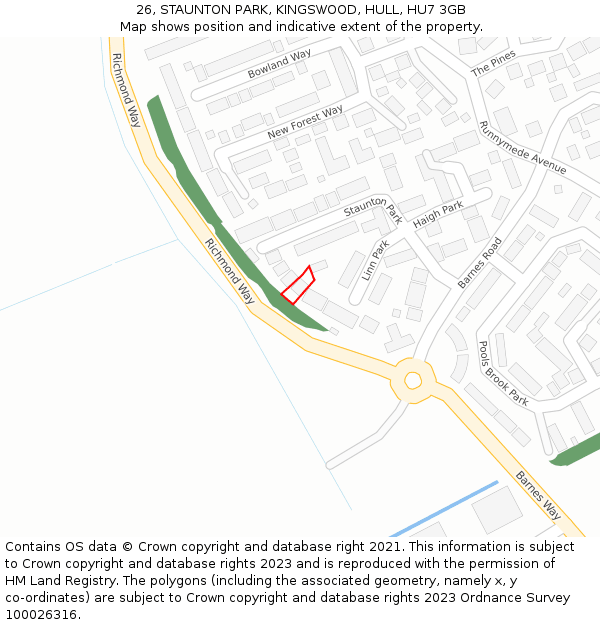 26, STAUNTON PARK, KINGSWOOD, HULL, HU7 3GB: Location map and indicative extent of plot