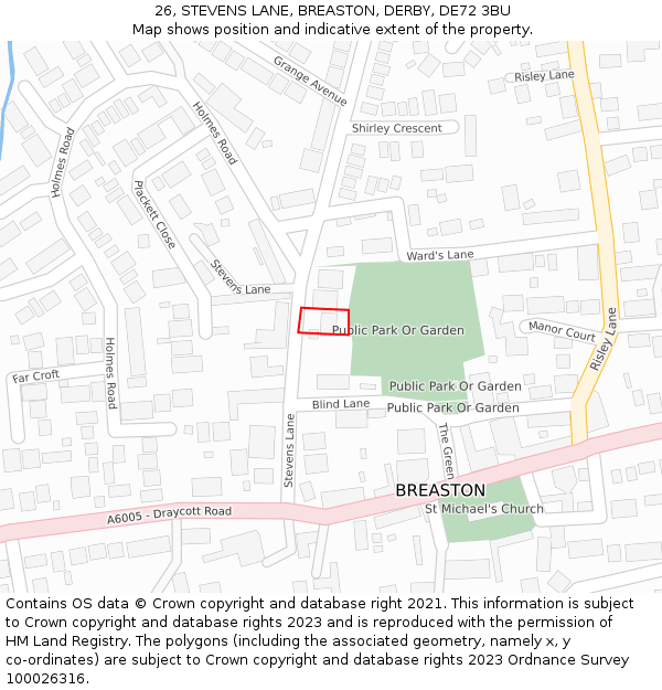 26, STEVENS LANE, BREASTON, DERBY, DE72 3BU: Location map and indicative extent of plot