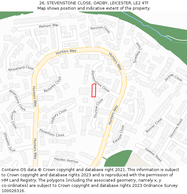 26, STEVENSTONE CLOSE, OADBY, LEICESTER, LE2 4TF: Location map and indicative extent of plot