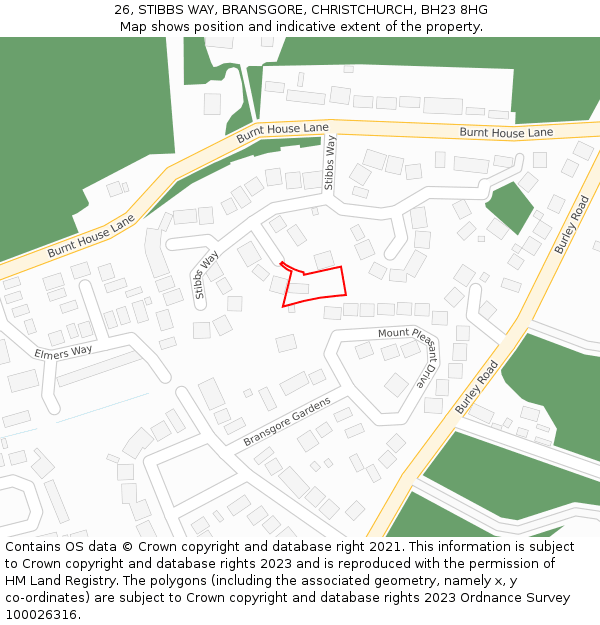 26, STIBBS WAY, BRANSGORE, CHRISTCHURCH, BH23 8HG: Location map and indicative extent of plot