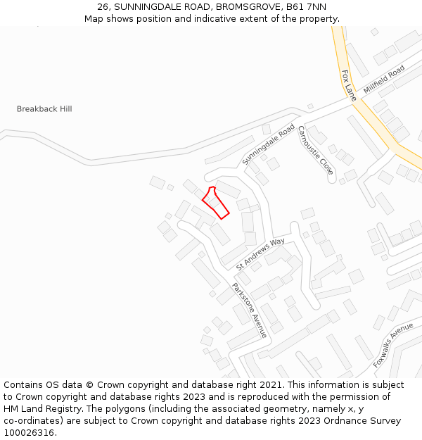 26, SUNNINGDALE ROAD, BROMSGROVE, B61 7NN: Location map and indicative extent of plot