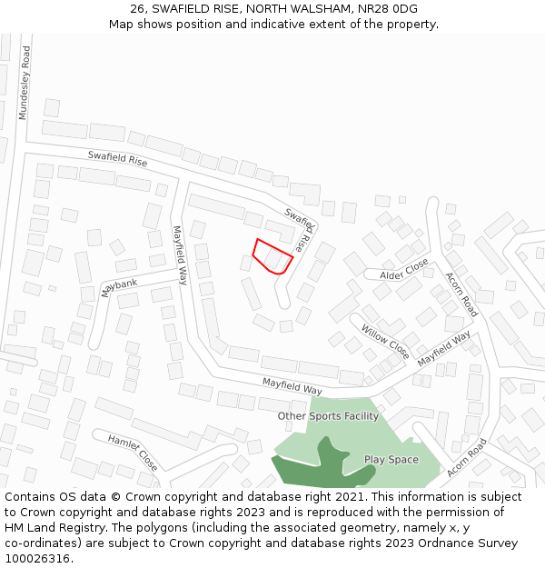 26, SWAFIELD RISE, NORTH WALSHAM, NR28 0DG: Location map and indicative extent of plot