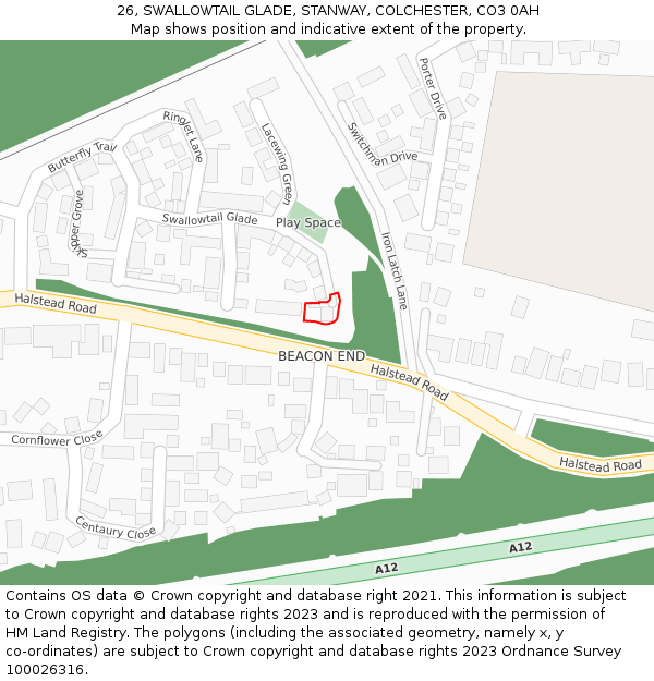 26, SWALLOWTAIL GLADE, STANWAY, COLCHESTER, CO3 0AH: Location map and indicative extent of plot