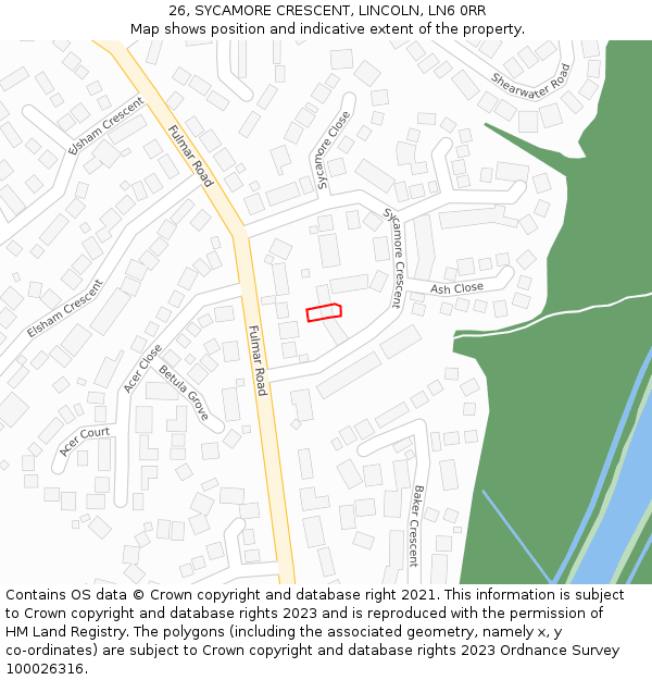 26, SYCAMORE CRESCENT, LINCOLN, LN6 0RR: Location map and indicative extent of plot