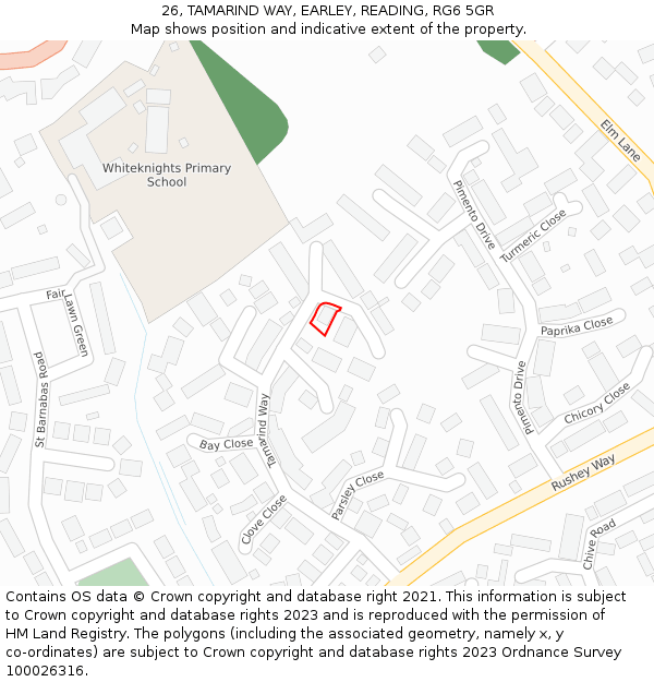 26, TAMARIND WAY, EARLEY, READING, RG6 5GR: Location map and indicative extent of plot