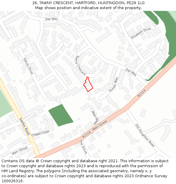 26, TAWNY CRESCENT, HARTFORD, HUNTINGDON, PE29 1LG: Location map and indicative extent of plot