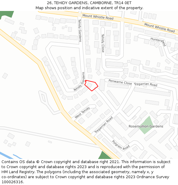 26, TEHIDY GARDENS, CAMBORNE, TR14 0ET: Location map and indicative extent of plot