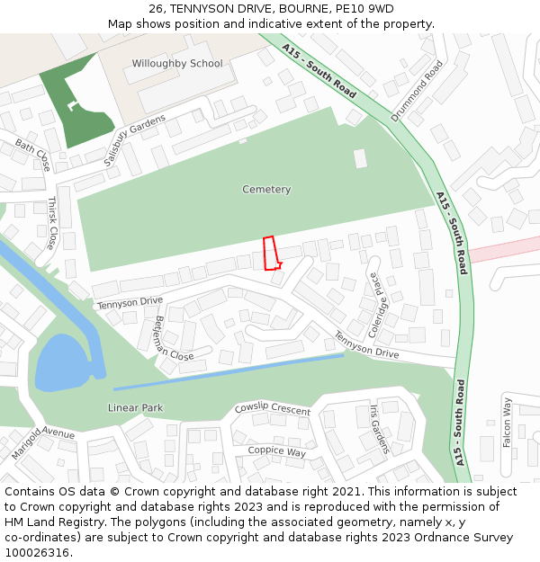 26, TENNYSON DRIVE, BOURNE, PE10 9WD: Location map and indicative extent of plot