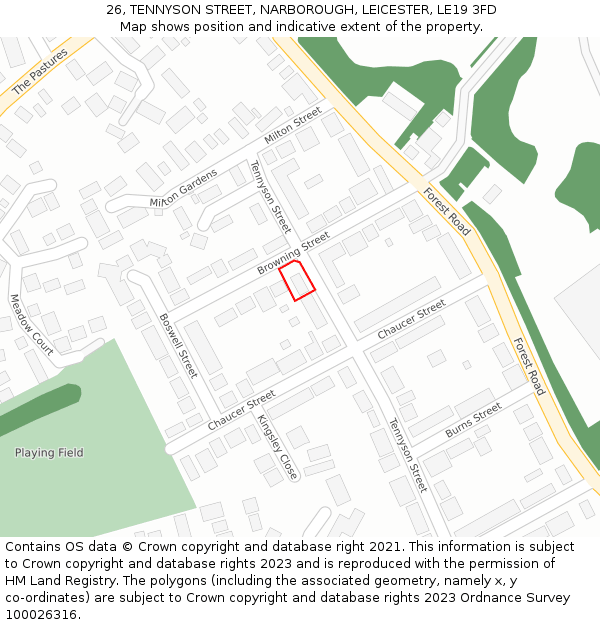 26, TENNYSON STREET, NARBOROUGH, LEICESTER, LE19 3FD: Location map and indicative extent of plot