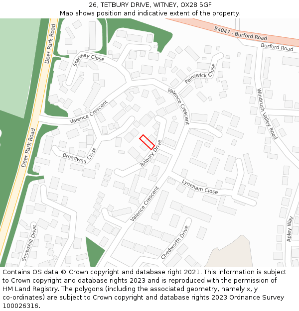 26, TETBURY DRIVE, WITNEY, OX28 5GF: Location map and indicative extent of plot
