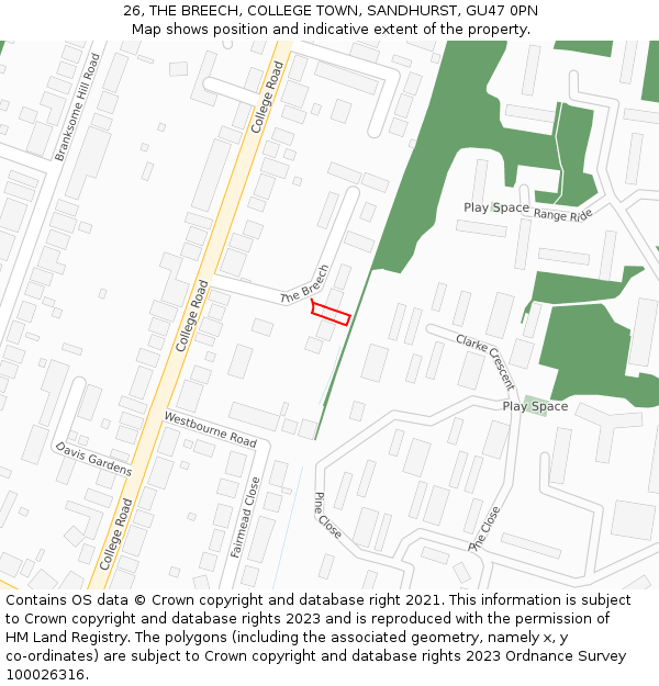 26, THE BREECH, COLLEGE TOWN, SANDHURST, GU47 0PN: Location map and indicative extent of plot
