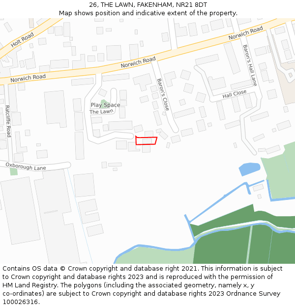 26, THE LAWN, FAKENHAM, NR21 8DT: Location map and indicative extent of plot