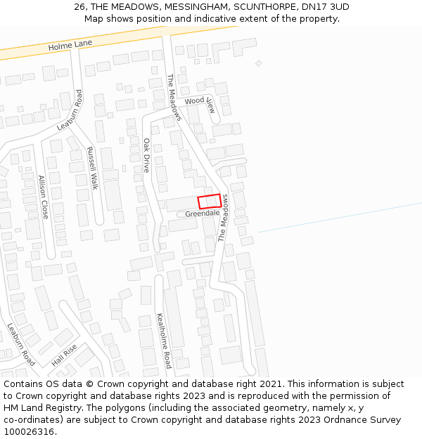 26, THE MEADOWS, MESSINGHAM, SCUNTHORPE, DN17 3UD: Location map and indicative extent of plot