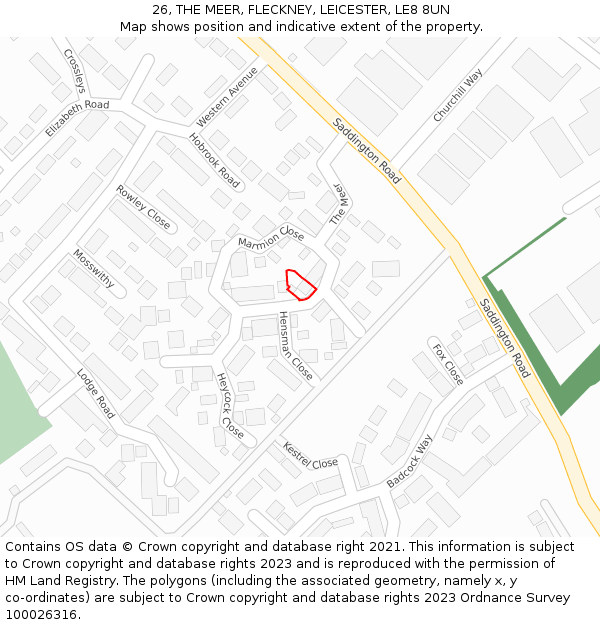 26, THE MEER, FLECKNEY, LEICESTER, LE8 8UN: Location map and indicative extent of plot