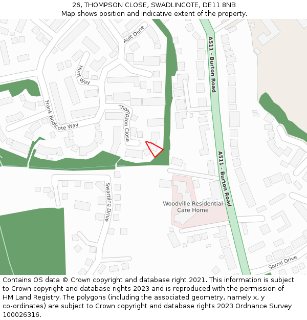 26, THOMPSON CLOSE, SWADLINCOTE, DE11 8NB: Location map and indicative extent of plot