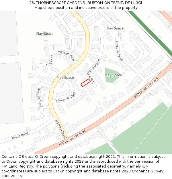 26, THORNESCROFT GARDENS, BURTON-ON-TRENT, DE14 3GL: Location map and indicative extent of plot