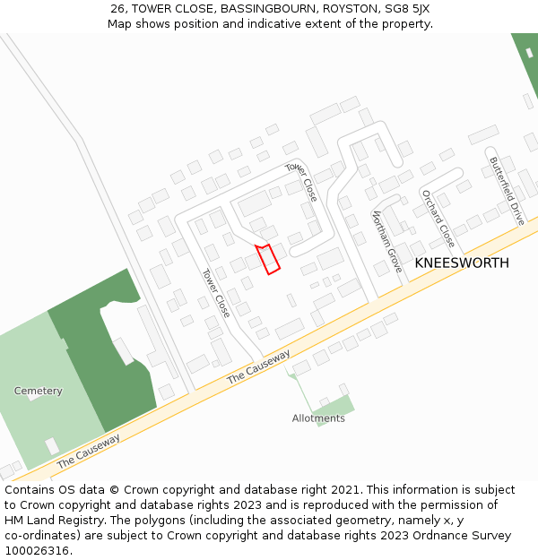 26, TOWER CLOSE, BASSINGBOURN, ROYSTON, SG8 5JX: Location map and indicative extent of plot