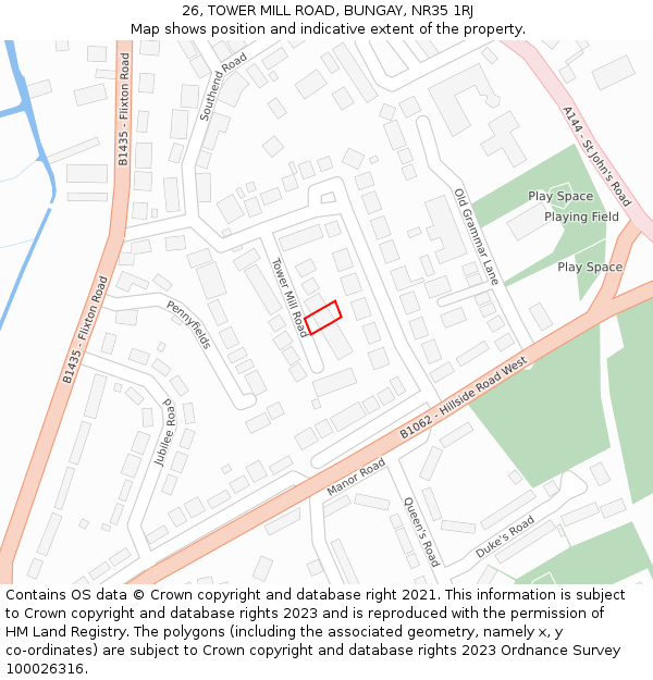 26, TOWER MILL ROAD, BUNGAY, NR35 1RJ: Location map and indicative extent of plot