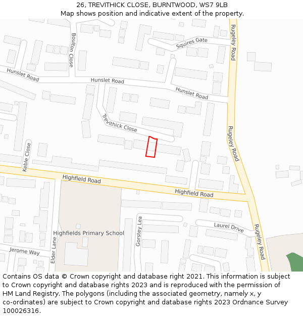 26, TREVITHICK CLOSE, BURNTWOOD, WS7 9LB: Location map and indicative extent of plot