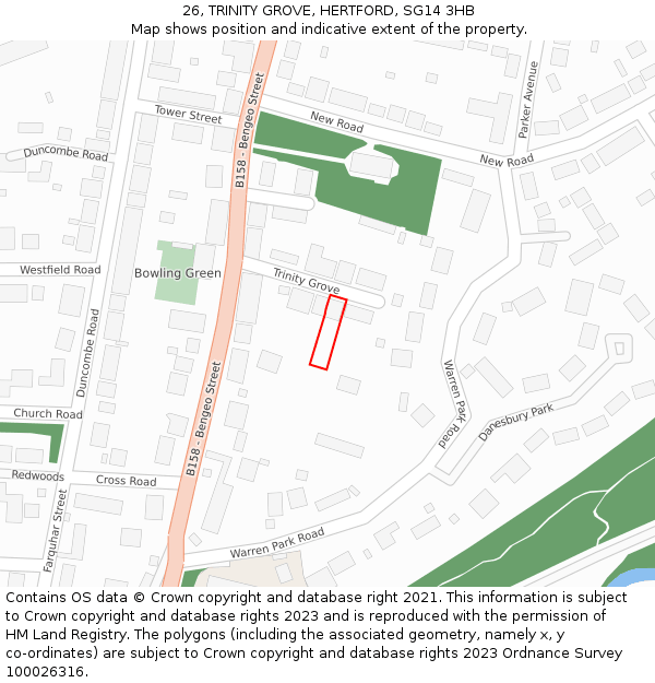 26, TRINITY GROVE, HERTFORD, SG14 3HB: Location map and indicative extent of plot