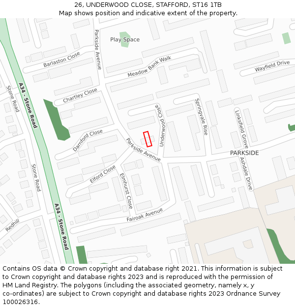 26, UNDERWOOD CLOSE, STAFFORD, ST16 1TB: Location map and indicative extent of plot