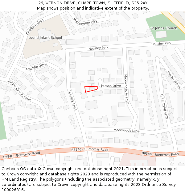 26, VERNON DRIVE, CHAPELTOWN, SHEFFIELD, S35 2XY: Location map and indicative extent of plot