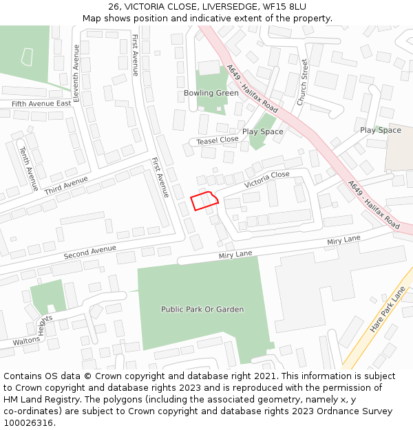 26, VICTORIA CLOSE, LIVERSEDGE, WF15 8LU: Location map and indicative extent of plot
