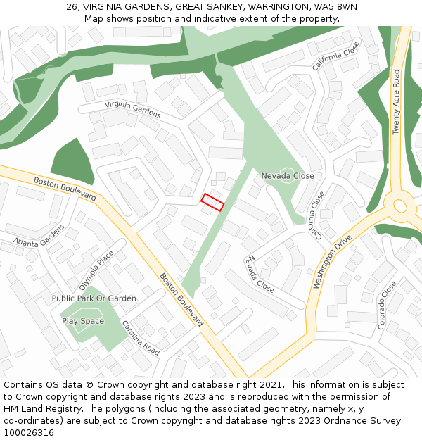26, VIRGINIA GARDENS, GREAT SANKEY, WARRINGTON, WA5 8WN: Location map and indicative extent of plot