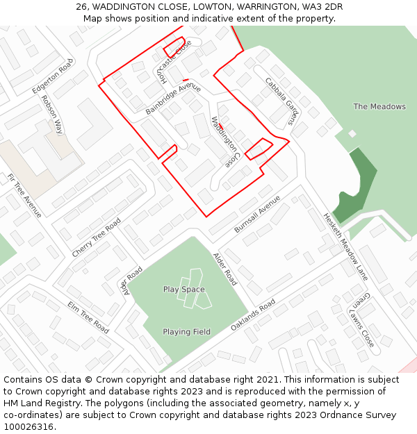 26, WADDINGTON CLOSE, LOWTON, WARRINGTON, WA3 2DR: Location map and indicative extent of plot